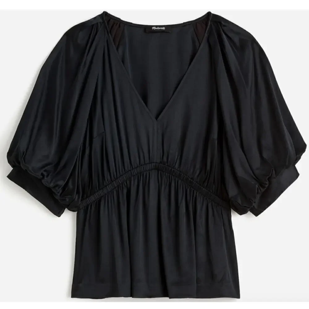 Madewell Shirred Top Satin Puff Sleeve Black NWT XS